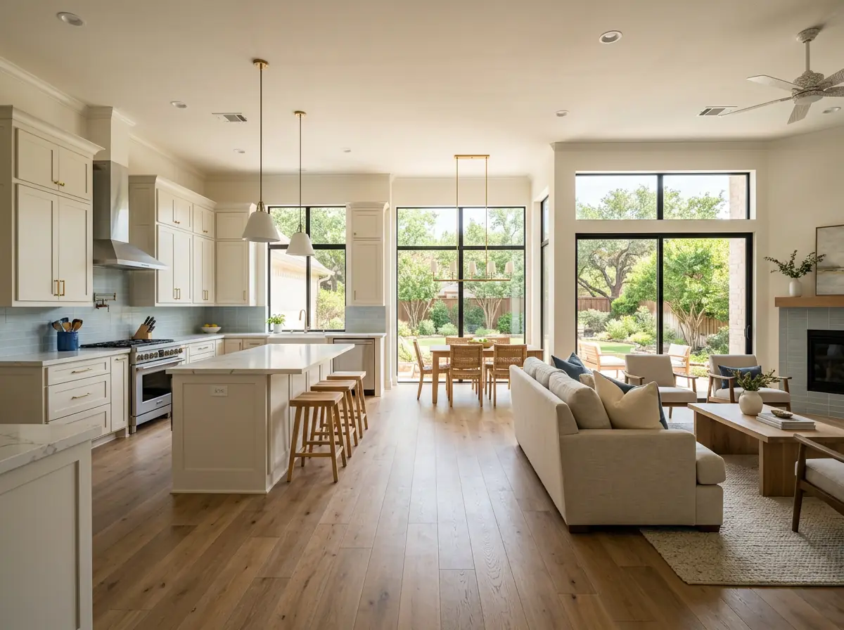 Completed open-plan home renovation with coordinated kitchen, dining and living spaces
