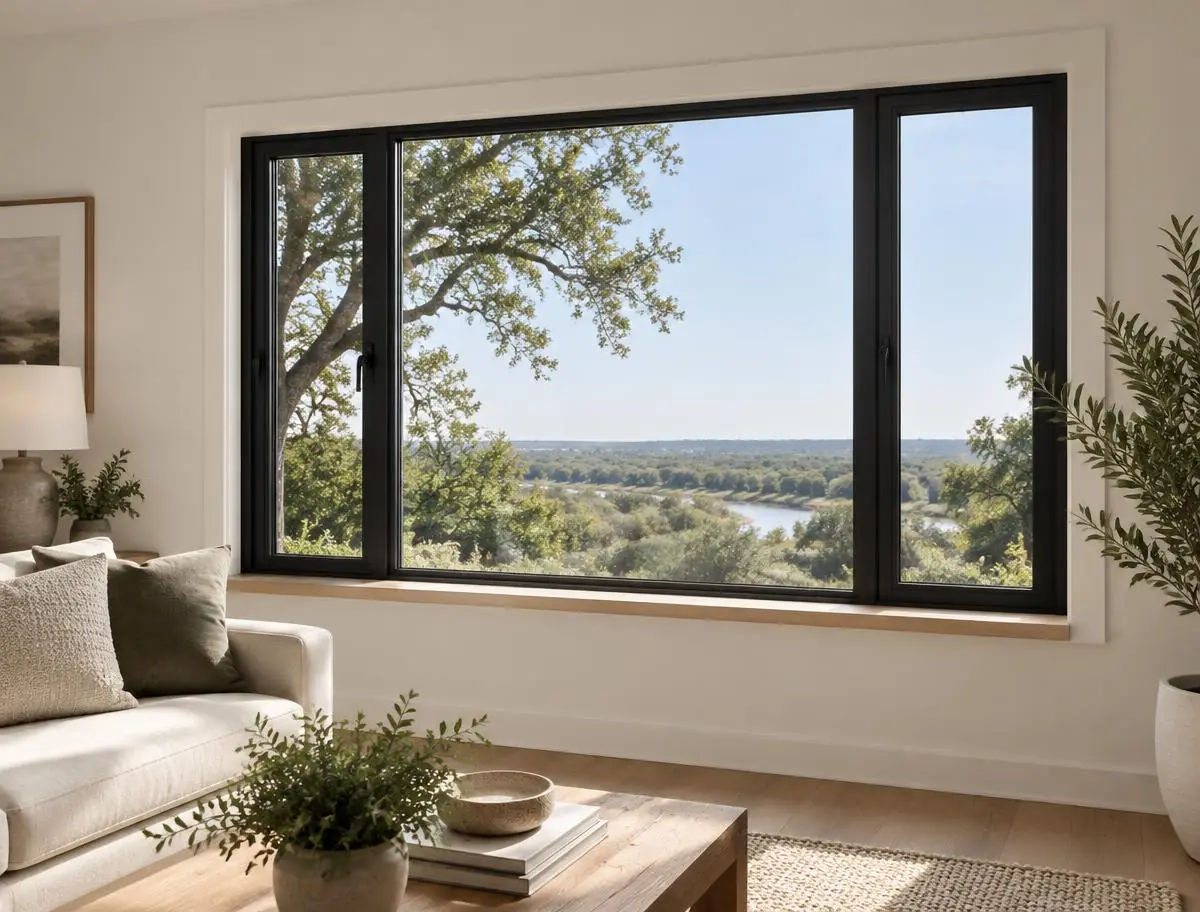 Newly installed black-framed picture window with operable side panels in a finished modern living room