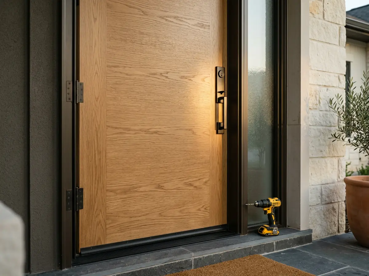 Modern wood-grain exterior entry door with sidelight and cordless drill at the finished threshold