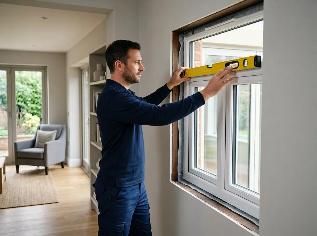 Professional installer checking a new residential window for level and precise alignment